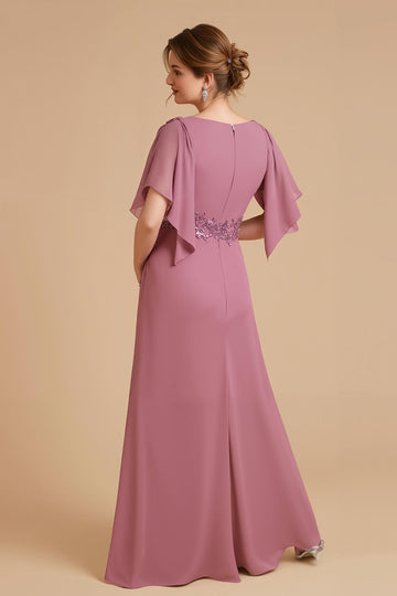 Dusty Rose A Line Flutter Ärm Chiffong Bröllop Gäst Klänning med Appliques